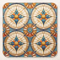 Geometric Moroccan Tile Pattern#2 Teal Gold ID1077 Square Paper Coaster