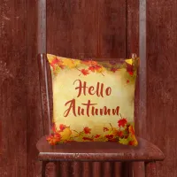 Hello Autumn Leaves on Old Paper Background  Throw Pillow