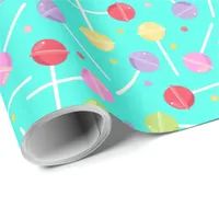 Pretty Pastel Retro Lollipop Candy on Baby Blue Wrapping Paper