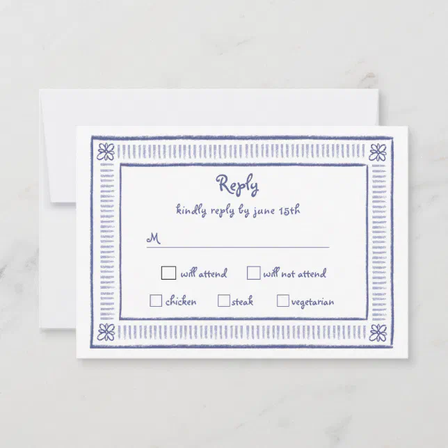 Navy Blue Quirky Playful Hand Drawn Wedding  RSVP Card