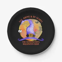 Cute Halloween Purple Witch Hat Spider Watercolor Paper Plates