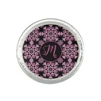 Pretty Pink Black Floral Leaves Filigree Monogram  Ring