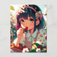 Cute Anime Girl Eating Strawberries   Postcard