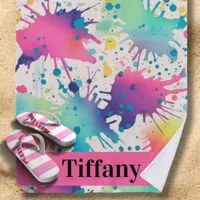 Pastel Rainbow Paint Splatter Beach Towel