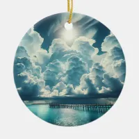 Beautiful Ocean, Dock and Fluffy Clouds Ceramic Ornament