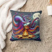 Colorful Octopus Drumming by Moonlit Campfire Throw Pillow