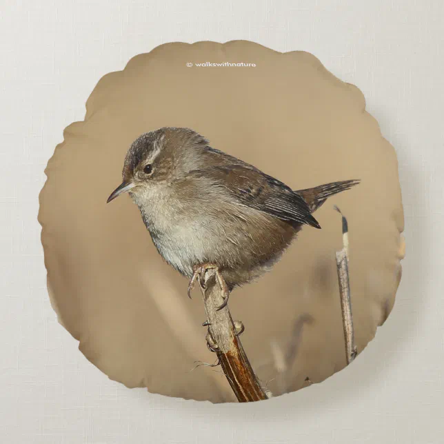 Profile of a Beautiful Marsh Wren Round Pillow