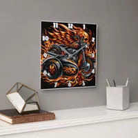 Fiery motorcycle with vibrant flames and sidecar square wall clock