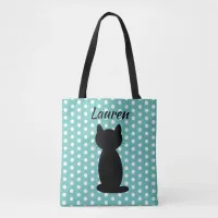 Personalized Black Cat Silhouette Polka Dots Tote Bag