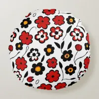 Cute Red, Black and White Flower Pattern Round Pillow