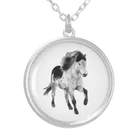 Icelandic horse in black and white  silver plated necklace