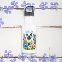 Personalized Ai Watercolor Siamese Cat in Flowers Stainless Steel Water Bottle