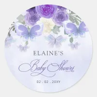 Rustic Floral Purple Lilac Butterflies Baby Shower Classic Round Sticker