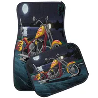 Fiery Motorcycle Rides Under Moon Car Floor Mat