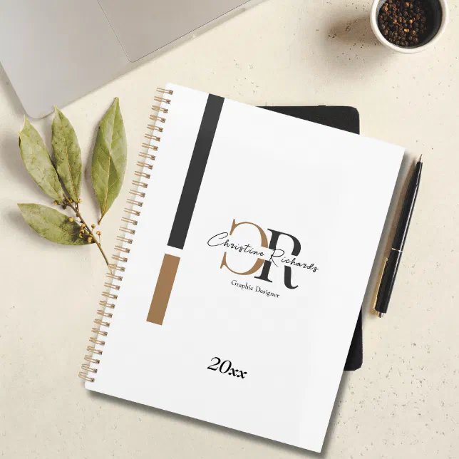 Simple Modern Black Gold Monogram Planner