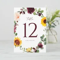 Wedding Table Numbers Sunflower Roses Burgundy Red