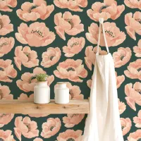 Peach Poppies On Green Elegant Floral Wallpaper