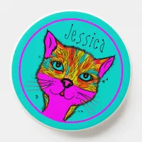 Custom Name Funky Colorful Cat Purple Teal PopSocket