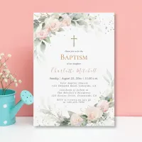 Pretty Blush Pink Floral Baptism Invitation