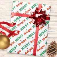 Merry and Bright Text Red Green White Patterned Wrapping Paper