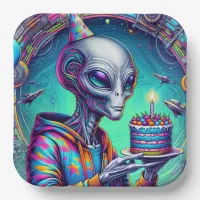 Alien holding Birthday Cake  Paper Plates