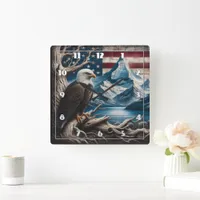 Bald Eagle Perched With American Flag Backdrop Square Wall Clock