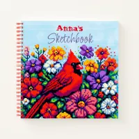 Red Cardinal and Flowers Pixel Art Personalized Notebook