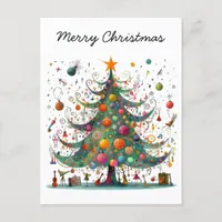 Whimsical Christmas Tree, Bright Colors, Holiday Postcard