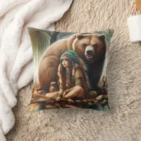 Native American Woman Sitting by Bear in Nature Throw Pillow