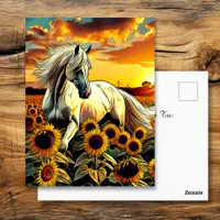 White Horse in Field of Sunflowers at Sunset Postcard