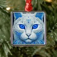 White Mystical Cat Ethereal AI Art Metal Ornament