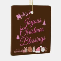 Joyous Christmas Blessings Pink on Brown | Ceramic Ornament