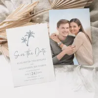 Tropical Palm Tree Dusty Blue Beach Wedding Save The Date