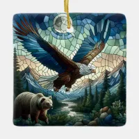 Mosaic Bear and Eagle in the Mountains  Ceramic Ornament