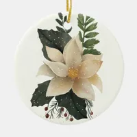 White Poinsettia Flower Snowy Merry Christmas  Ceramic Ornament