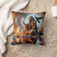 Native Woman With Raven at Dawn Throw Pillow