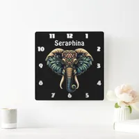 Elephant in vibrant flowers and leaves square wall clock