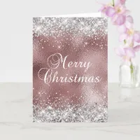 Silver and Rose Gold Sparkly Foil Merry Christmas Card