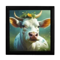 Cute White Ai Cow with Horns and Flowers Gift Box