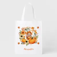 Cute Pumpkin Fairy in Autumn Wreath Grocery Bag