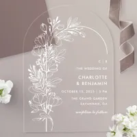 White Botanical Minimalist Arch Wedding Acrylic Invitations