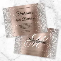 Rose Gold Foil Silver Glitter Monogram Birthday Invitation