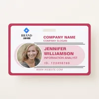 Red Pink Minimalist Business QR Employee Photo ID Badge