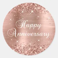 Glittery Rose Gold Foil Happy Anniversary Classic Round Sticker