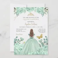 Mint Gold Floral Princess Quinceañera Quince  Invitation