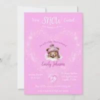 Snow Excited Pink Teddy Bear Baby Shower Invitation