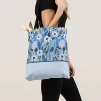 Blue and White Daisies and Leaves, Color Block Tote Bag