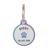 Personalized Name Blue and Purple Floral Paw Print Pet ID Tag