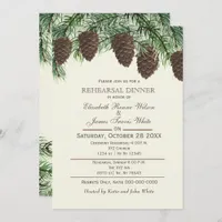 Rustic pine cone fir winter rehearsal dinner invitation