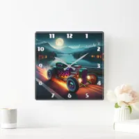 Classic hot rod cruising along a moonlit lakeshore square wall clock